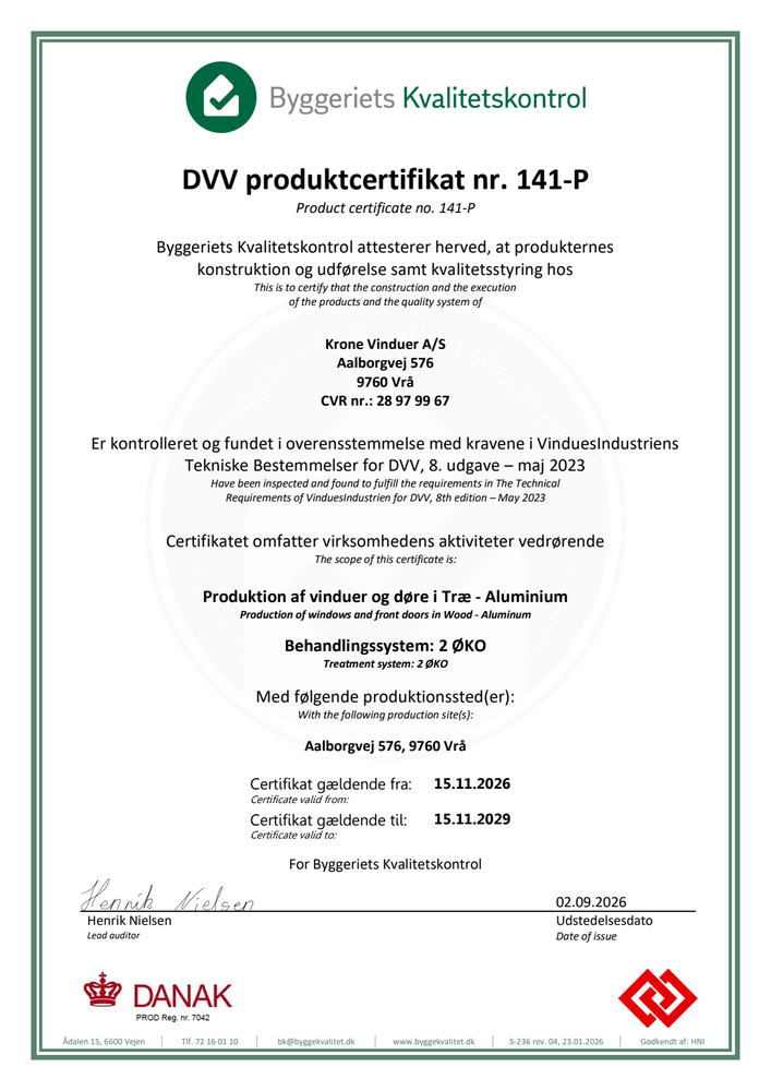 DVV produktcertifikat nr. 141-P 2026-2029